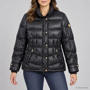 Vince Camuto Black Down Puffer Jacket Womens L Gold Hardware Quilted Coat Chore